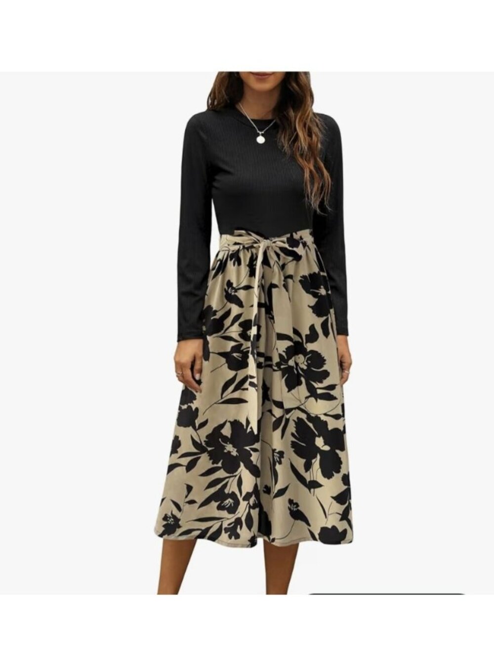 Zattcas Womens Small Ribbed Long Sleeve Floral Midi Dress Pockets Casual Elegant